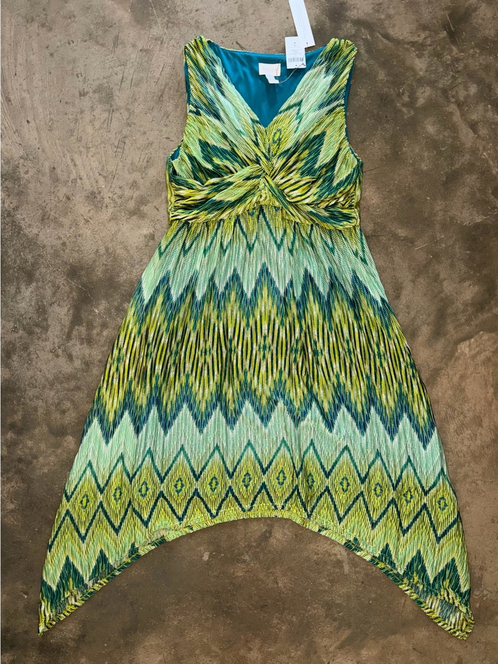 Chico’s NWT Ikat Handkerchief Hem Dress Green Blue Sleeveless Twist Front Sz 2 L